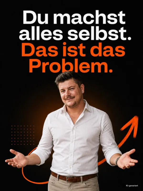 Titelslide eines Carousels von Colin: Du machst alles selbst. Das ist das Problem. Gernot Pirker im weißen Hemd vor dunklem Grund. KI-generiertes Bild.