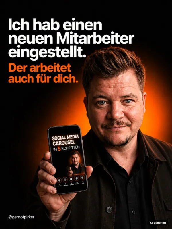 Slide mit Gernot Pirker im dunklen Hemd und einem Handy: Ich hab einen neuen Mitarbeiter eingestellt. KI-generiertes Bild.