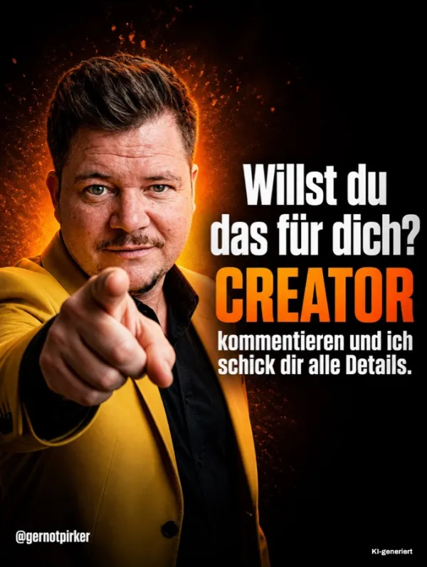 Slide mit Gernot Pirker im senffarbenen Sakko, der in die Kamera zeigt: Willst du das für dich? KI-generiertes Bild.