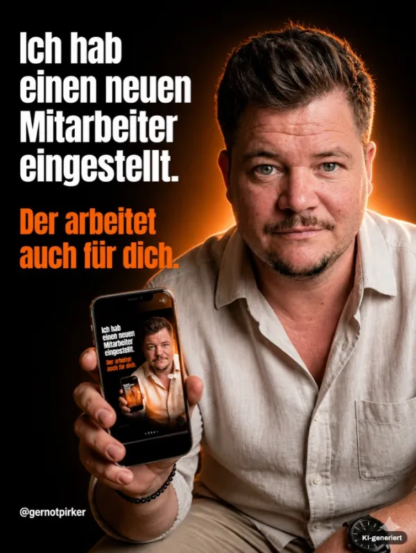 Slide mit Gernot Pirker im hellen Hemd, der ein Handy hält: Ich hab einen neuen Mitarbeiter eingestellt, der arbeitet auch für dich. KI-generiertes Bild.