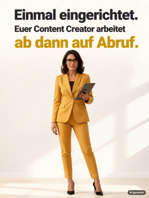 Slide mit einer Frau im senffarbenen Anzug und Tablet: Einmal eingerichtet, euer Content Creator arbeitet ab dann auf Abruf. KI-generiertes Bild.