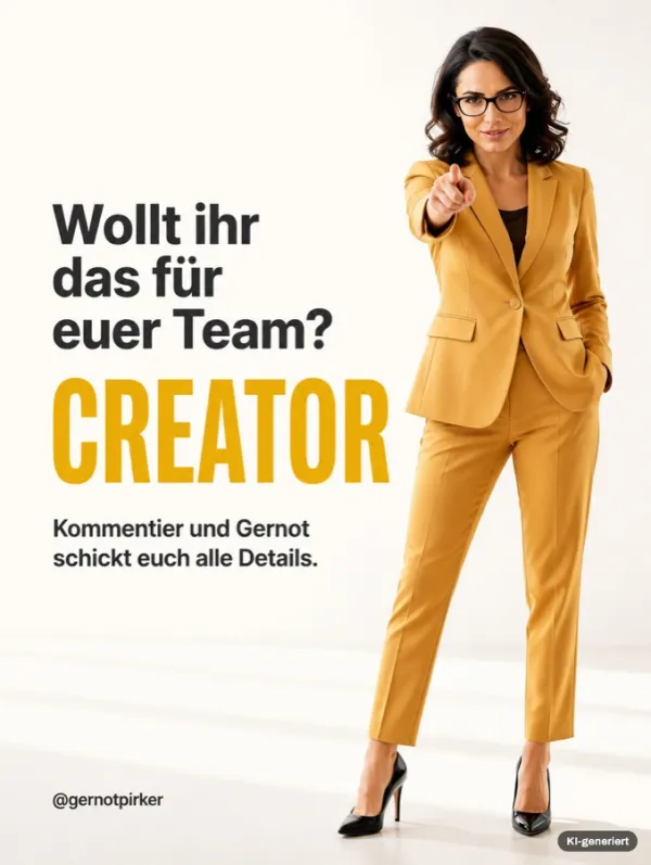 Slide mit einer Frau im senffarbenen Anzug, die in die Kamera zeigt: Wollt ihr das für euer Team? KI-generiertes Bild.