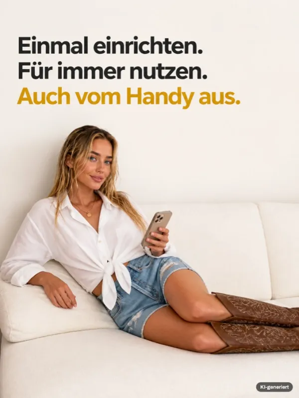 Slide mit einer blonden Frau, die mit dem Handy auf dem Sofa liegt: Einmal einrichten, für immer nutzen, auch vom Handy aus. KI-generiertes Bild.