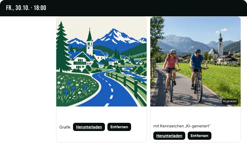 Zwei erzeugte Bilder zu einem Beitrag: links eine Grafik, rechts ein Foto mit dem Kennzeichen KI-generiert.