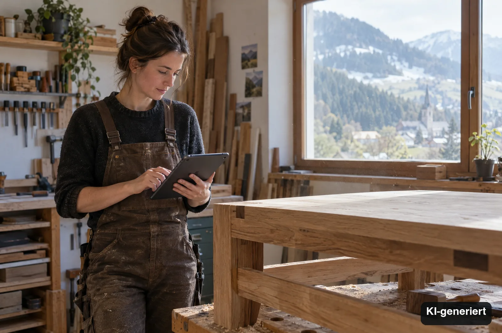 Eine Tischlerin prüft in ihrer Werkstatt ein Tablet. KI-generiertes Bild.