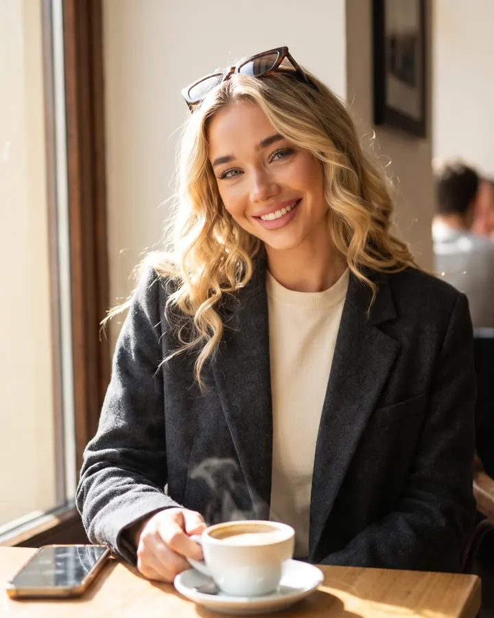KIM im Café mit Kaffeetasse und Blazer. KI-generiertes Bild.